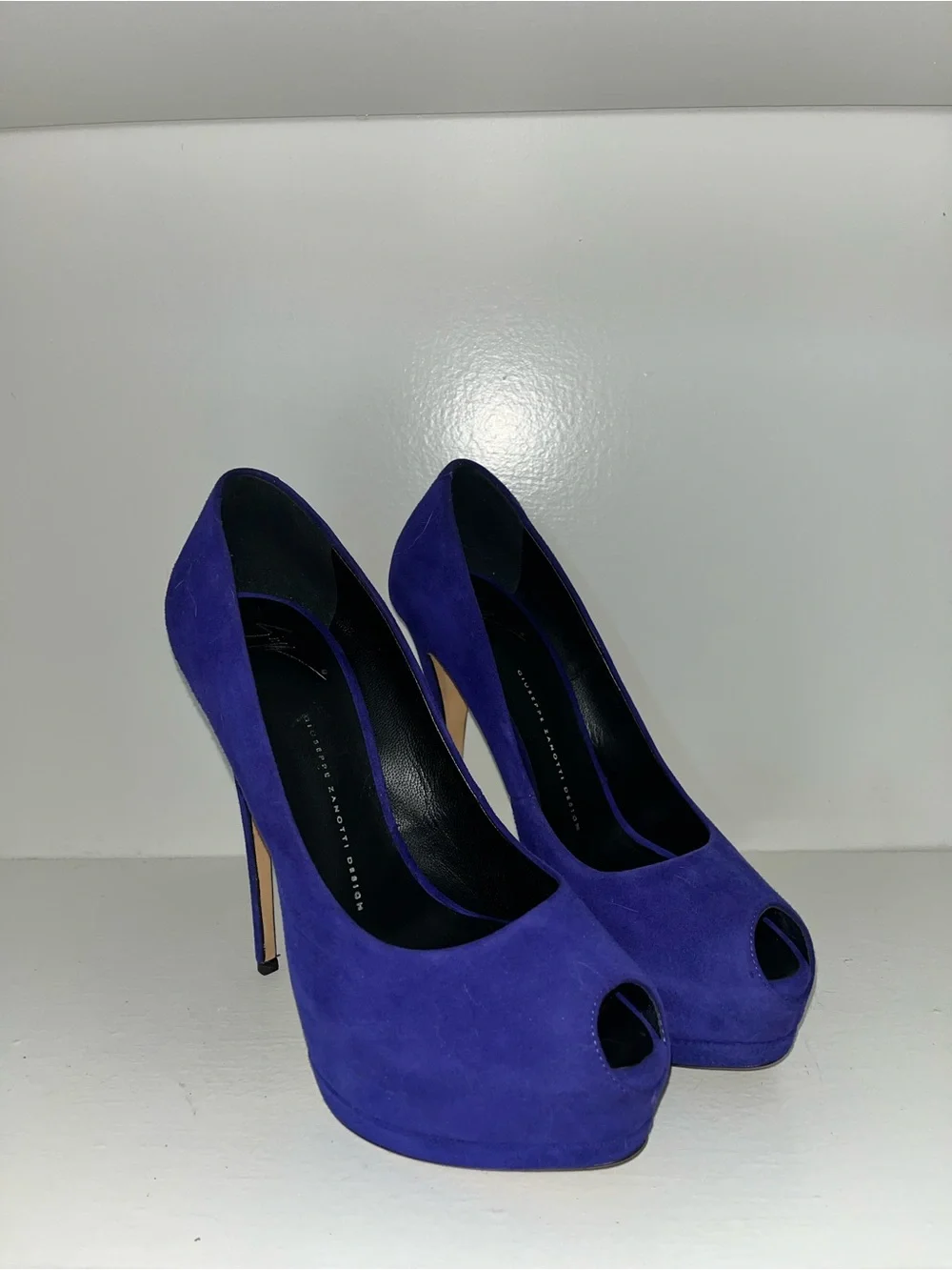 Giuseppe Zanotti Cobalt Blue Suede Peep-Toe Platform Pumps